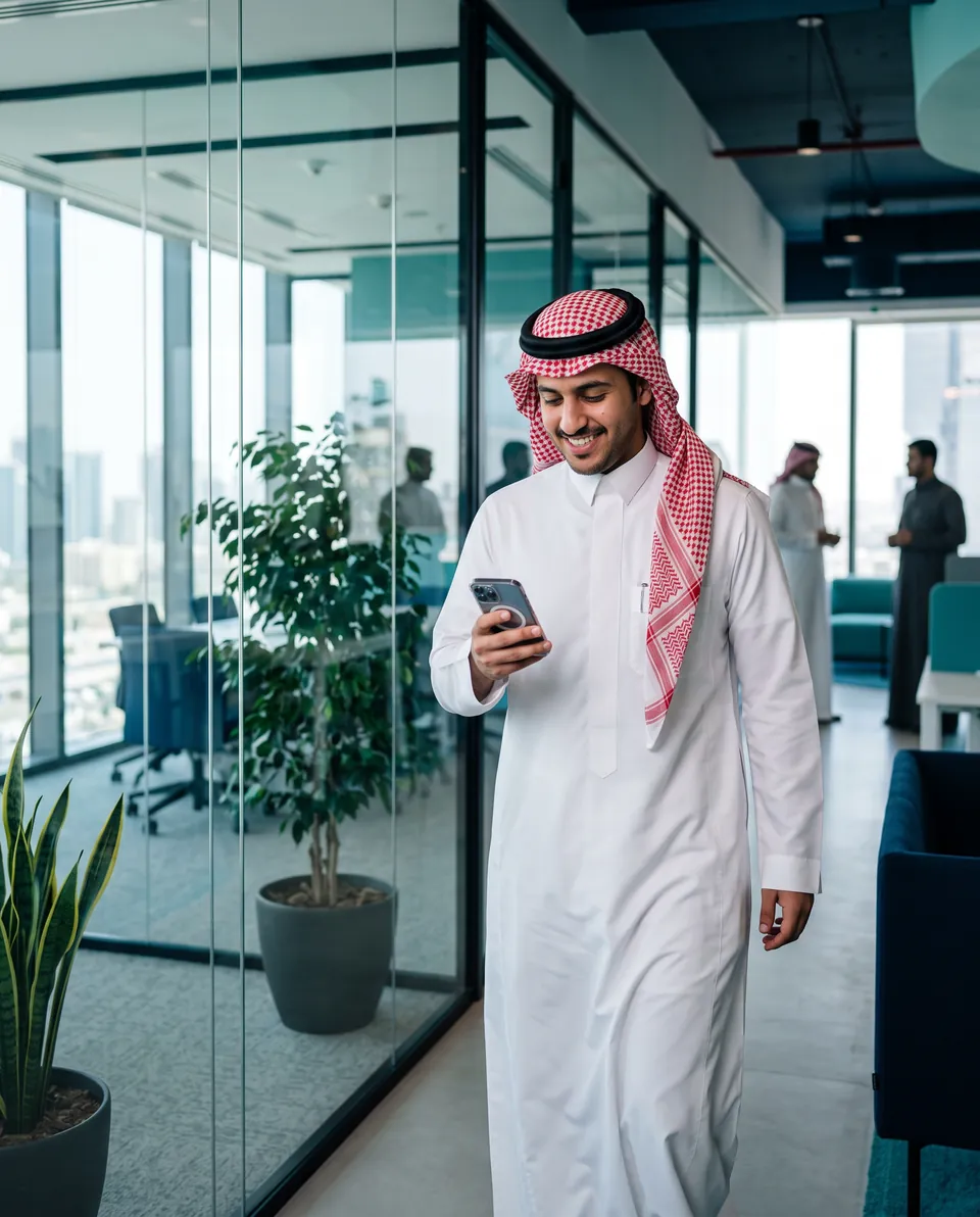 An employee smiling at his phone while walking through the office