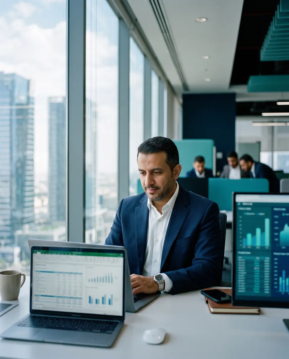 A finance manager reviewing payroll figures on his laptop