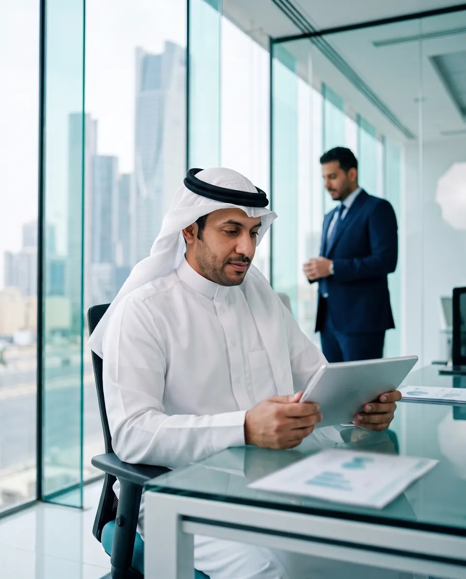 An HR manager reviewing his team on a tablet in a Riyadh office